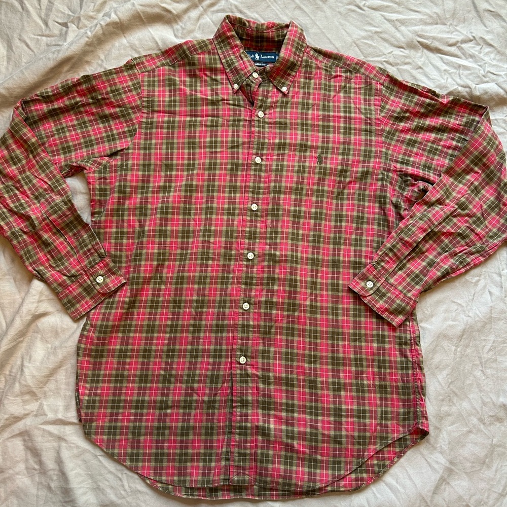 Ralph Lauren Classic Fit Red Green Plaid Button Down Shirt Mens M Preppy Grunge